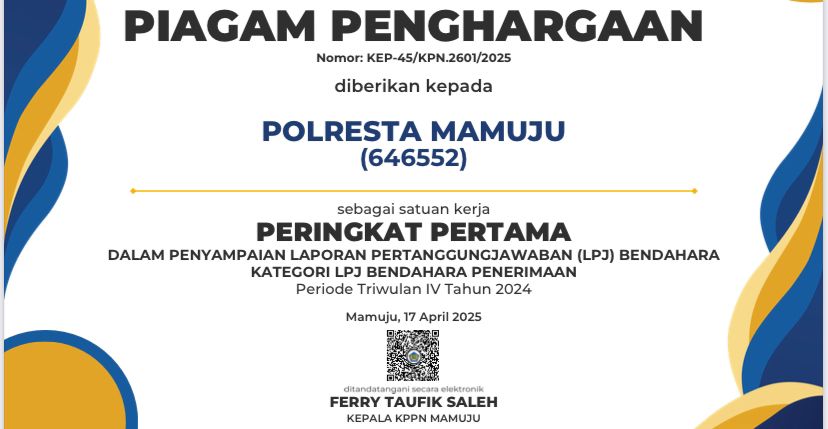 Polresta Mamuju Kembali Raih Peringkat I Pengelola Anggaran Terbaik 2024 dari KPPN Mamuju